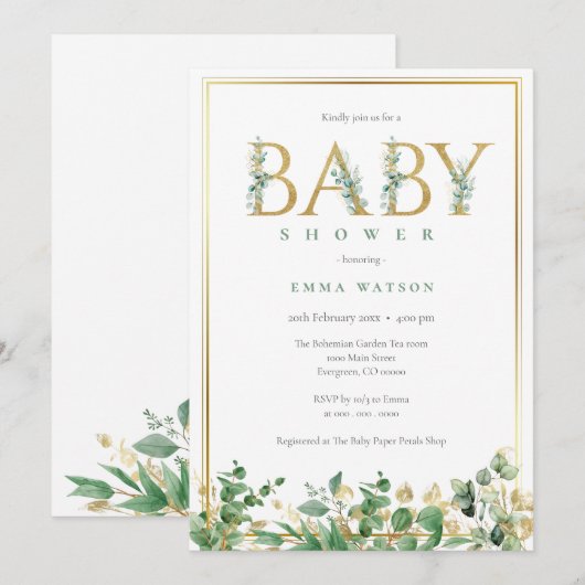 Rustieke Eucalyptus Golden Letters lijst Baby show Kaart (Voorkant / Achterkant)