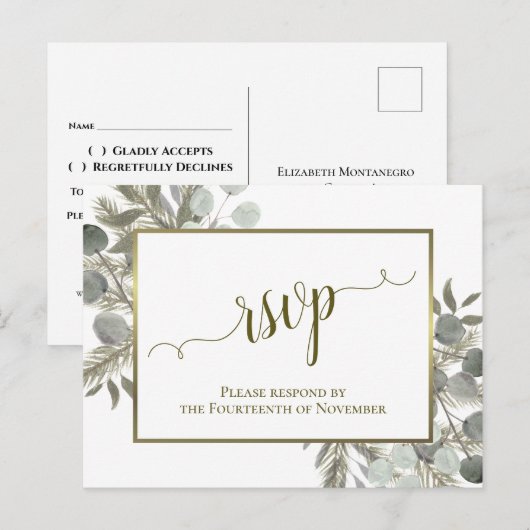 Rustieke Eucalyptus & Golden Pine bruiloft RSVP Briefkaart (Voorkant / Achterkant)