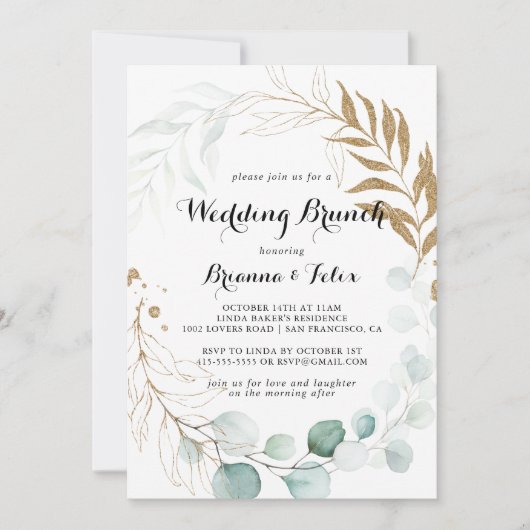 Rustieke Eucalyptus Goud Bloemen Bruiloft Brunch Kaart (Voorkant)