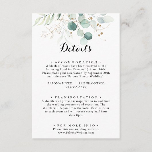 Rustieke Eucalyptus Goud Bloemen Bruiloft Details Informatiekaartje (Voorkant)