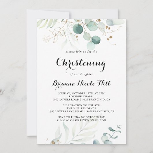 Rustieke Eucalyptus Goud Bloemen doopsel Kaart (Voorkant)