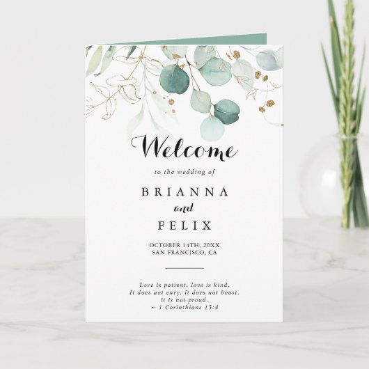 Rustieke Eucalyptus Goud Bloemen Gevouwen Bruiloft Programma (Voorkant)