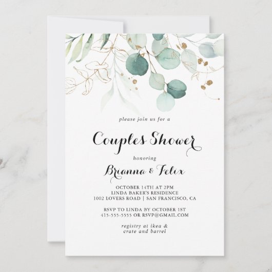 Rustieke Eucalyptus Goud Bloemen Koppels Douche Kaart (Voorkant)