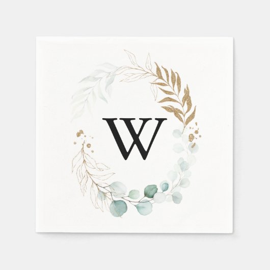 Rustieke Eucalyptus Goud Bloemen Monogram Bruiloft Servet (Voorkant)