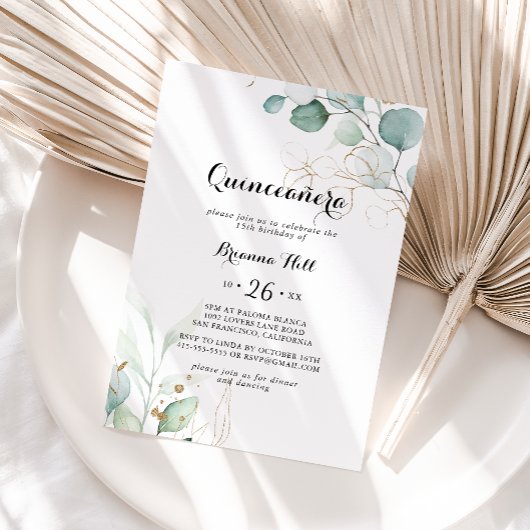 Rustieke Eucalyptus Goud Bloemen Quinceañera Kaart