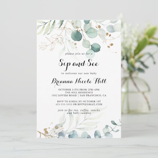 Rustieke Eucalyptus Goud Bloemen Sip en See Kaart (Staand voorkant)