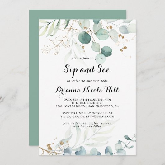 Rustieke Eucalyptus Goud Bloemen Sip en See Kaart (Voorkant / Achterkant)