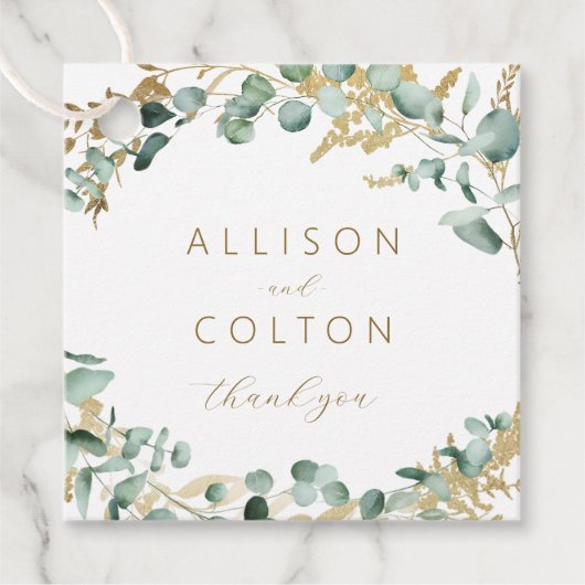 Rustieke eucalyptus goud groen boho bruiloft bedankjes labels (Voorkant)