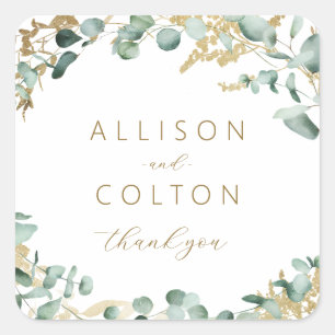 Rustieke eucalyptus goud groen boho bruiloft gunst vierkante sticker