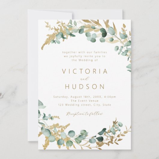 Rustieke eucalyptus goud groen boho bruiloft kaart (Voorkant)