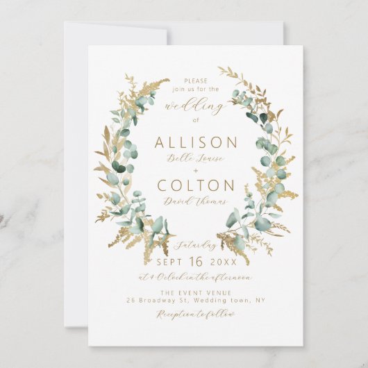 Rustieke eucalyptus goud groen boho bruiloft kaart (Voorkant)