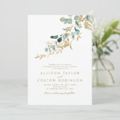 Rustieke eucalyptus goud groen boho bruiloft kaart (Staand voorkant)
