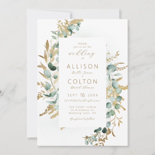 Rustieke eucalyptus goud groen boho bruiloft kaart (Voorkant)