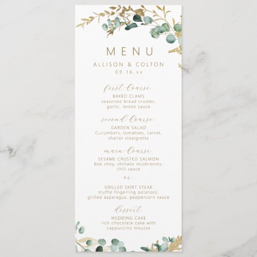 Rustieke eucalyptus goud groen boho bruiloft menu (Voorkant)