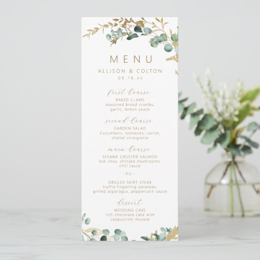 Rustieke eucalyptus goud groen boho bruiloft menu (Staand voorkant)