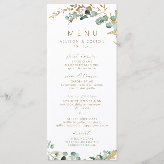 Rustieke eucalyptus goud groen boho bruiloft menu (Voorkant)