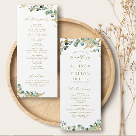 Rustieke eucalyptus goud groen boho bruiloft programmakaart