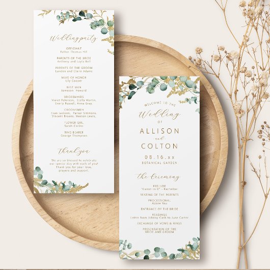 Rustieke eucalyptus goud groen boho bruiloft programmakaart