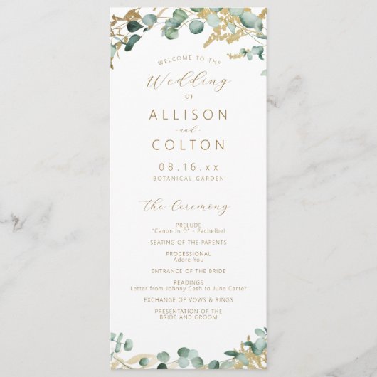 Rustieke eucalyptus goud groen boho bruiloft programmakaart (Voorkant)