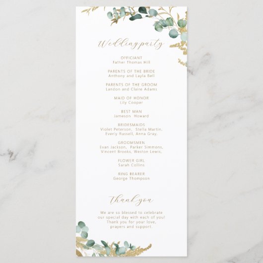 Rustieke eucalyptus goud groen boho bruiloft programmakaart (Achterkant)