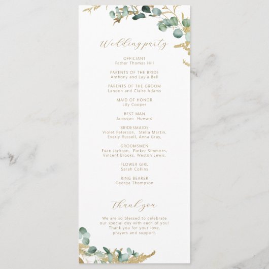 Rustieke eucalyptus goud groen boho bruiloft programmakaart (Achterkant)