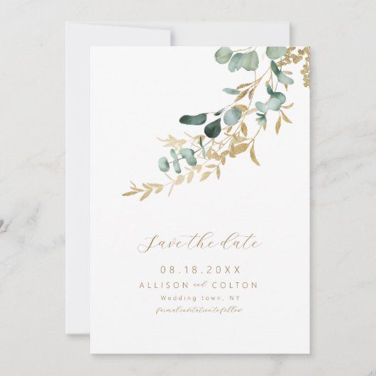 Rustieke eucalyptus goud groen boho de datum opsla save the date (Voorkant)
