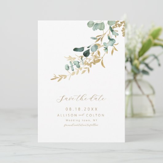 Rustieke eucalyptus goud groen boho de datum opsla save the date (Staand voorkant)