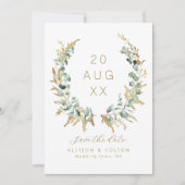 Rustieke eucalyptus goud groen boho de datum opsla save the date (Voorkant)