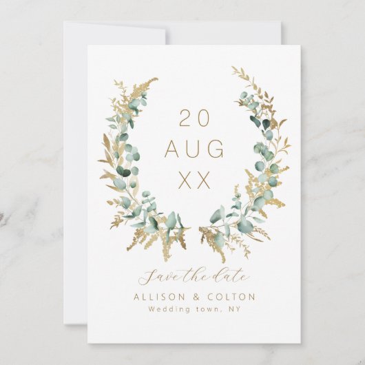 Rustieke eucalyptus goud groen boho de datum opsla save the date (Voorkant)