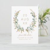 Rustieke eucalyptus goud groen boho de datum opsla save the date (Staand voorkant)