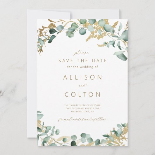 Rustieke eucalyptus goud groen boho de datum opsla save the date (Voorkant)