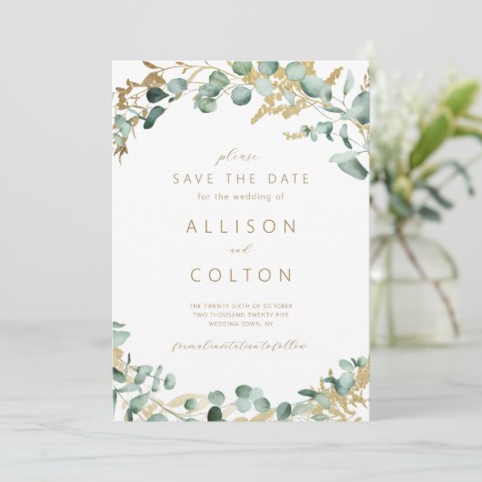 Rustieke eucalyptus goud groen boho de datum opsla save the date (Staand voorkant)