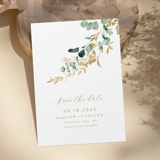 Rustieke eucalyptus goud groen boho de datum opsla save the date