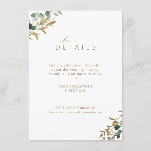 Rustieke eucalyptus goud groen bruiloft details informatiekaartje (Voorkant)