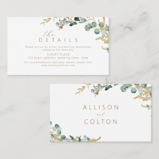 Rustieke eucalyptus goud groen Bruiloft Details Plaatskaartje (Voorkant / Achterkant)