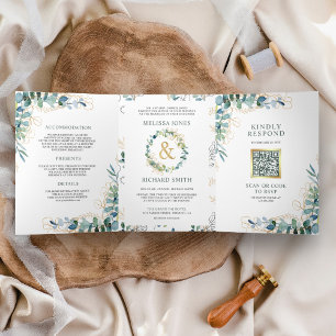 Rustieke Eucalyptus Gouden All in One QR Code Huwe Drieluik Uitnodiging