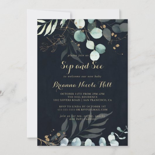 Rustieke Eucalyptus Gouden Bloem Blauw Slurk en Ki Kaart (Voorkant)