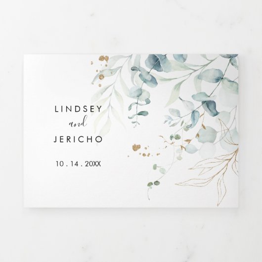 Rustieke Eucalyptus Gouden Bloem Drieluik Uitnodiging (Cover)