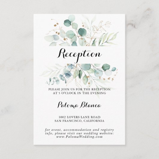 Rustieke Eucalyptus Gouden Bloemen Bruiloftsrecept Informatiekaartje (Voorkant)