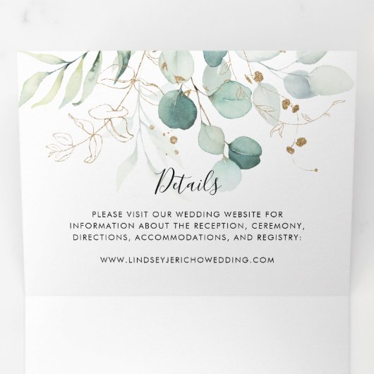 Rustieke Eucalyptus Gouden Bloemen Drieluik Uitnodiging (Binnenzijde eerst)