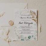 Rustieke Eucalyptus Gouden Calligrafie Bat Mitzvah Kaart<br><div class="desc">Deze rustieke eucalyptus gouden calligrafie bat mitzvah uitnodiging is perfect voor een eenvoudige bat mitzvah. Dit artistieke ontwerp bevat handgetekende gouden bloemen en waterverf eucalyptus groen gebladerte,  mooi gerangschikt in een elegante geometrische lijst.</div>