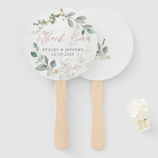 Rustieke Eucalyptus Gouden Calligrafie Bruiloft Handwaaier (Voorkant en achterkant)
