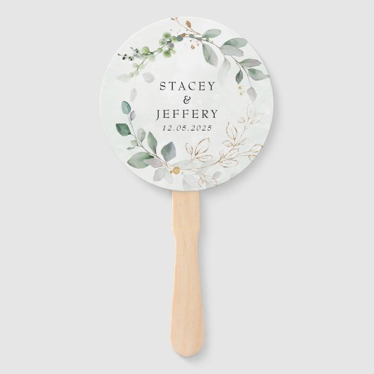 Rustieke Eucalyptus Gouden Calligrafie Bruiloft Handwaaier (Voorkant)