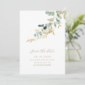 Rustieke eucalyptus gouden groen boho save the dat date (Staand voorkant)