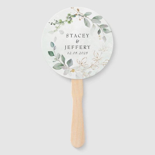 Rustieke Eucalyptus Gouden Kalligrafie Bruiloft Handwaaier (Voorkant)