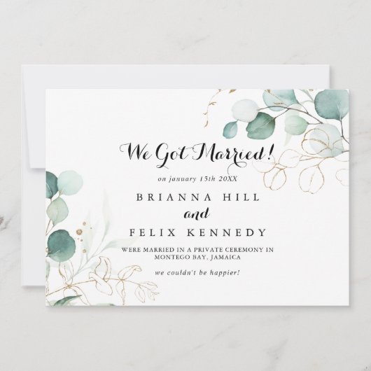 Rustieke Eucalyptus Gouden Kalligrafie Elopement Aankondiging (Voorkant)