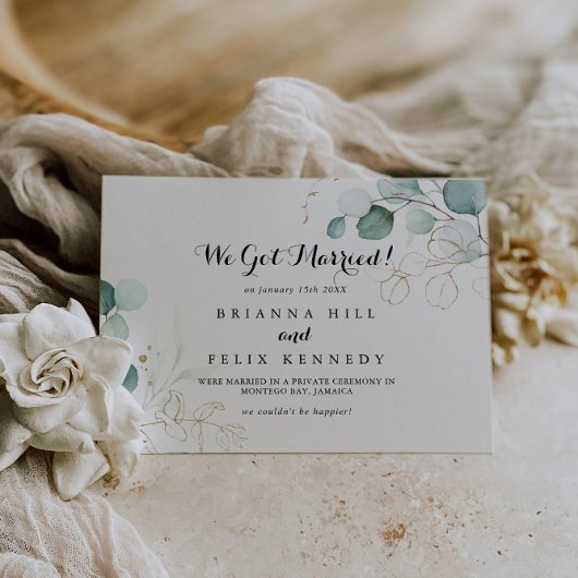 Rustieke Eucalyptus Gouden Kalligrafie Elopement Aankondiging