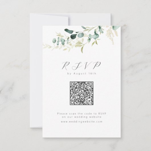 Rustieke eucalyptus groen boho QR code bruiloft RSVP Kaartje (Voorkant)