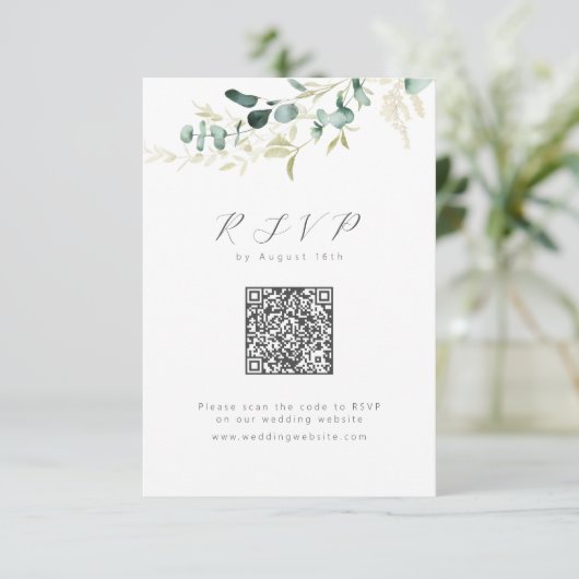Rustieke eucalyptus groen boho QR code bruiloft RSVP Kaartje (Staand voorkant)