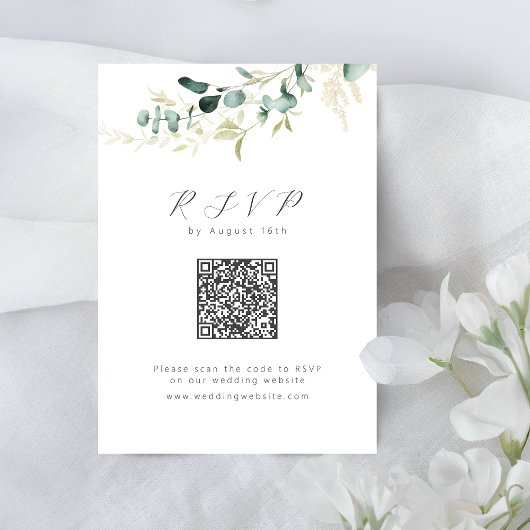 Rustieke eucalyptus groen boho QR code bruiloft RSVP Kaartje